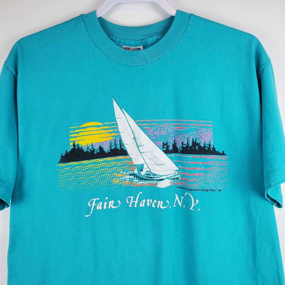 VTG 1988 Hanes Sailboats Fair Haven New York Finger Lakes T Shirt Single Stitch